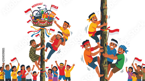 Flat vector illustration of Indonesian men working together to climb a slippery bamboo pole for prizes (Panjat Pinang) while a crowd cheers, celebrating Independence Day.