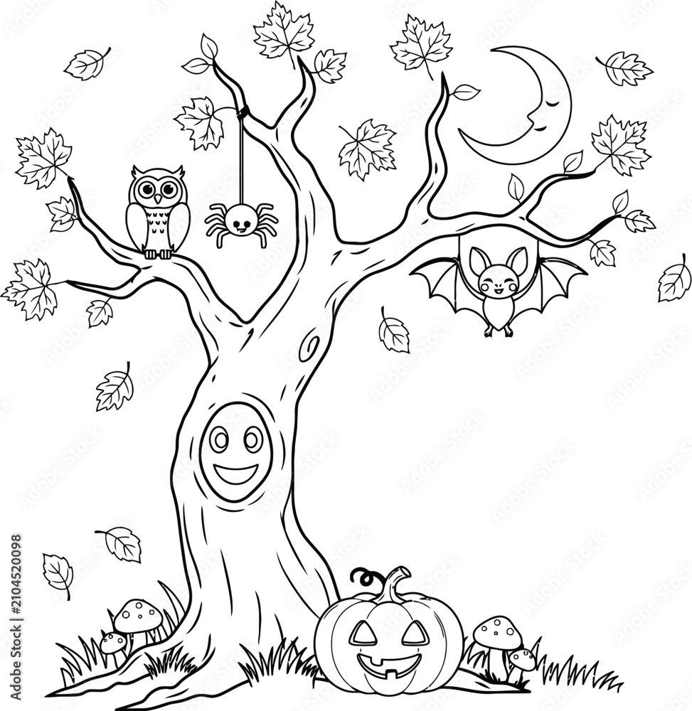 Fototapeta premium Halloween coloring page with spooky tree and pumpkin