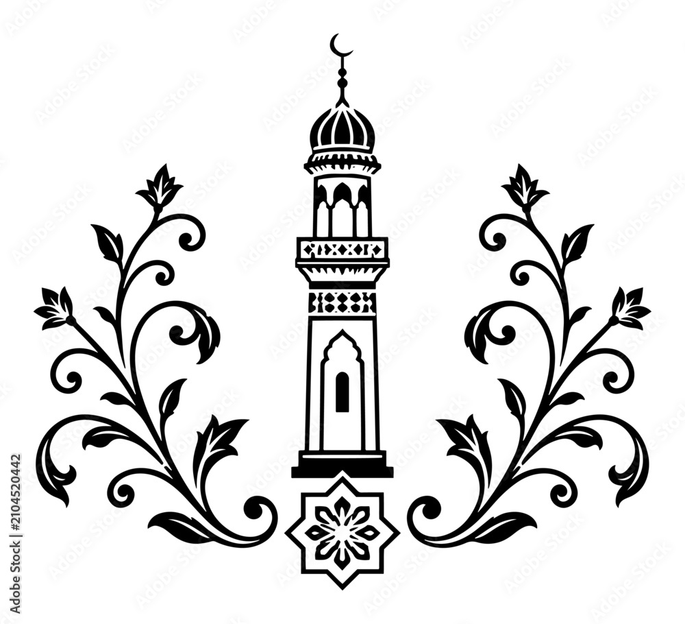 Obraz premium Minaret with crescent moon and symmetrical floral vine scrolls in decorative silhouette style