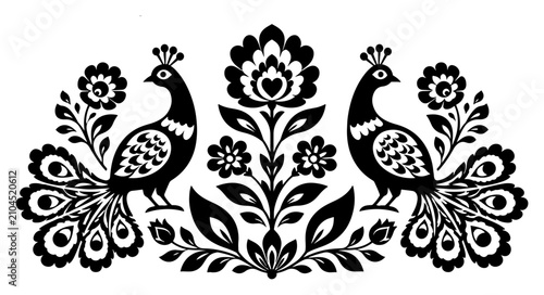 Quadro su tela Peacocks in folk style facing a central floral tree in traditional paper cut sty