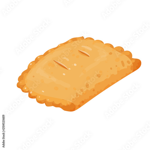 Golden baked hand pie with crimped edges and flaky pastry crust isolated on white background for bakery and snack themes