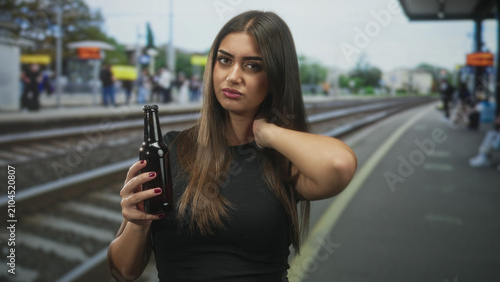 Принти на полотні Woman holding beer bottle in one hand and touching her neck with the other on a street train platform, gazing with a resentful expression; boredom