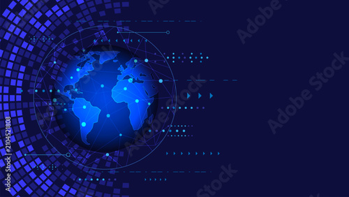 World digital technology background. Futuristic computer network communication. Pixel and elements on blue background. Abstract global innovation banner design