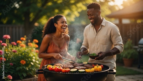 Happy Couple Grilling Vegetables and Meat in Backyard
