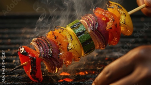 Grilled Vegetable Skewer with Smoke on Barbecue Grill