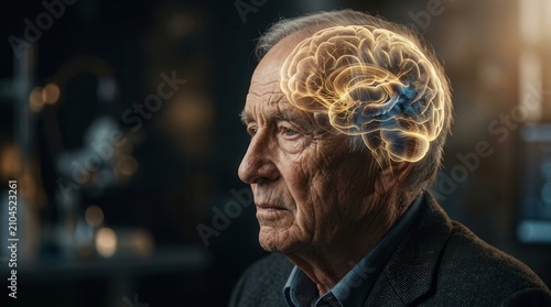 Alzheimer's disease concept showing hippocampus activity loss in a senior male brain visualization.