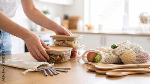 Woman preparing healthy meal prep in glass containers with bamboo lids on kitchen counter