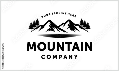 Mountain summit peak with lake forest pine evergreen and morning sunrise for adventure outdoor logo design