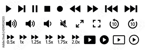 Foto A comprehensive collection of black media playback control icons including play
