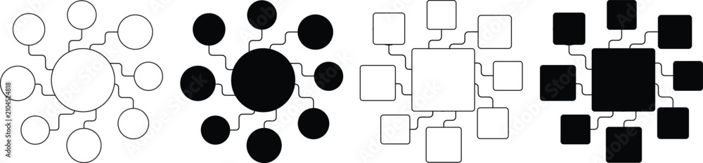 Obraz premium Radial Circle and Square Connection Diagram, Central Node Network Template, Vector Black and White Outline and Solid Business Elements