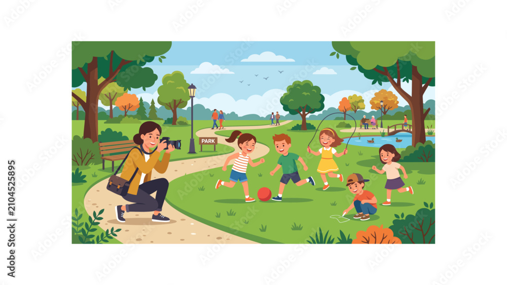 Fototapeta premium Professional female photographer taking photos of children playing in a sunny city park, kids enjoying outdoor activities and sports on green grass
