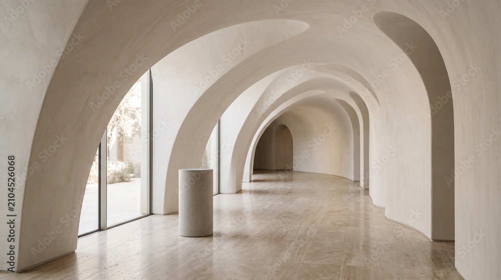Fototapeta premium Modern architectural interior with curved arches and marble floor creating a serene and minimalist background for design
