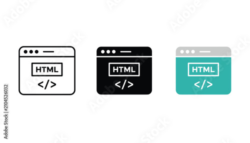 Browser window with html code icon set representing web development and programming services for software engineering websites and technology branding isolated on white background