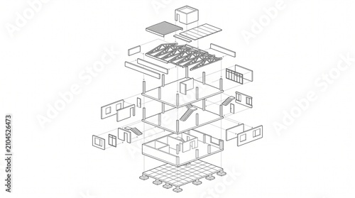 Exploded view architectural blueprint of a multi story building showing structural components and assembly process for designers