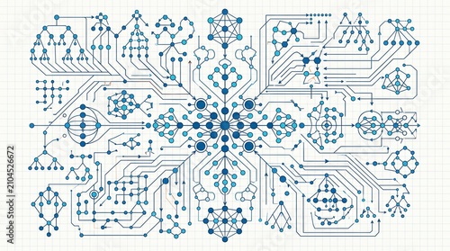 Abstract blue network diagram with nodes and connections on a grid background for design