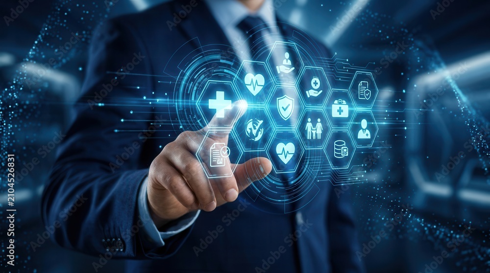 Fototapeta premium Digital claims and secure records being managed through a healthcare support interface by a professional.