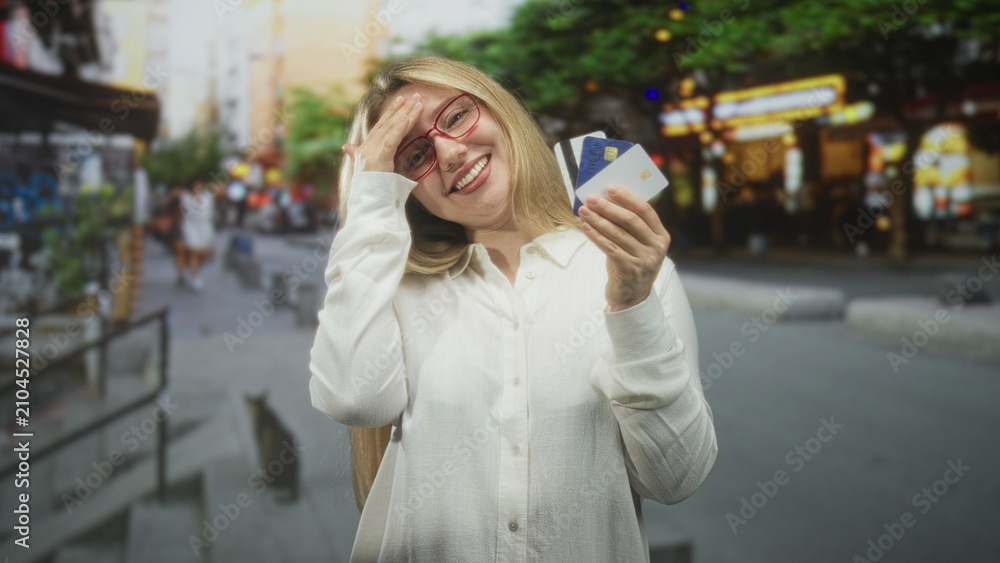 Fototapeta premium Woman holding a bunch of credit cards, hand to forehead gesture and smiling on a busy city street with shop lights and pavement; relief savings.