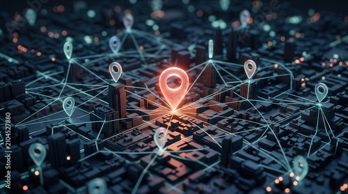 Geofencing technology concept featuring a dark miniature city and prominent location pin icons.