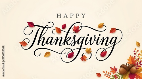 Happy Thanksgiving greeting card with elegant calligraphy and autumn leaves. Festive holiday illustration featuring handwritten script and fall fol...