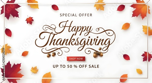 Happy Thanksgiving sale banner with autumn leaves and discount offer. Festive holiday promotion template featuring fall decor and special pricing.