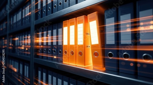 Enterprise content management and e-discovery concept featuring a row of glowing binders.