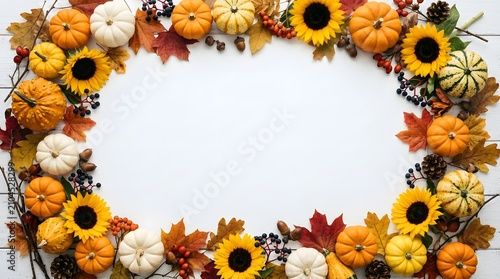 Autumn floral wreath with sunflowers and berries for Thanksgiving decor. Hand-drawn harvest circle illustration for seasonal home styling and greet...