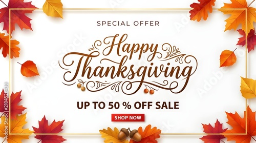 Happy Thanksgiving sale banner with autumn leaves and discount offer. Festive holiday promotion template featuring golden foliage and special pricing.