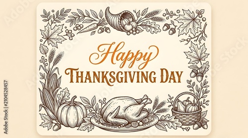 Happy Thanksgiving Day vintage greeting card with autumn harvest wreath. Festive holiday illustration featuring golden leaves, pumpkins, and elegan...
