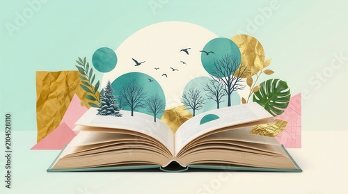 Plakat w ramie A creative collage symbolizing the thirst for knowledge and reading books.