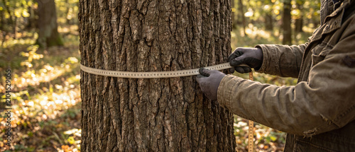 Closeup of forester measuring tree trunk circumference with tape measure in sunny forest