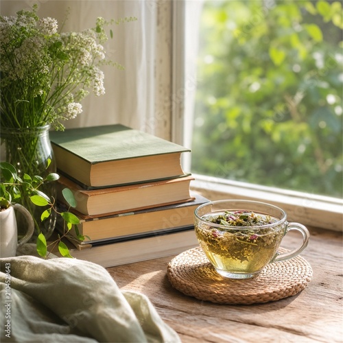 Sunlit Books and Botanical Tea by Window