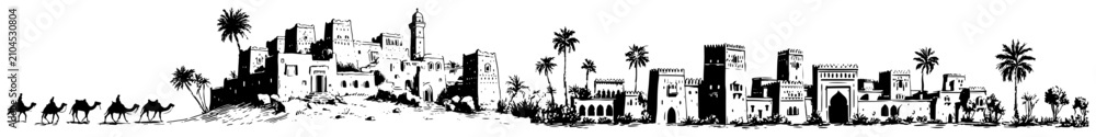 Obraz premium Middle Eastern desert town skyline with camel caravan and palm trees in sketch style