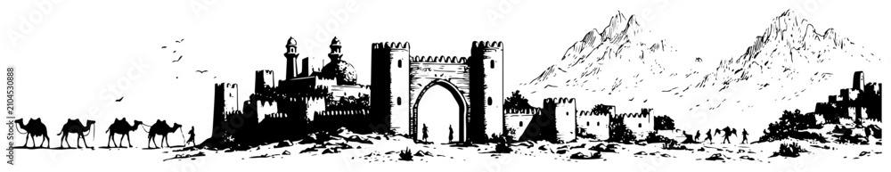 Obraz premium Ancient fortress walls with city gate and camel caravan in ink sketch style