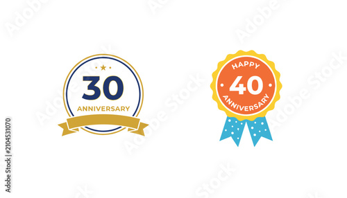 Elegant badge collection celebrating thirtieth and fortieth anniversaries with stylish rosettes and golden ribbons.
