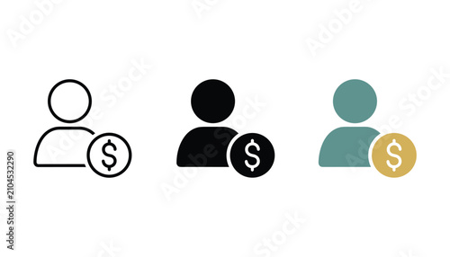Bild auf Leinwand Person with dollar coin icon set in three styles including outline solid and col