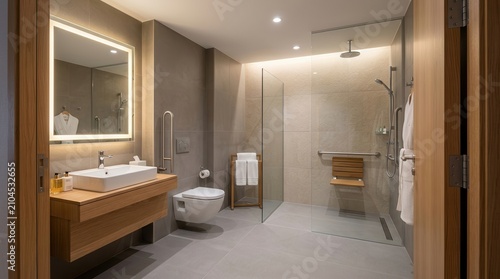 Luxury hotel bathroom with accessible design, zero-threshold shower, and safety fixtures.