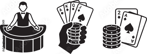 Casino dealer holding cards with poker chips on table. Casino gambling scene featuring stacked poker chips and playing cards in a professional sett...