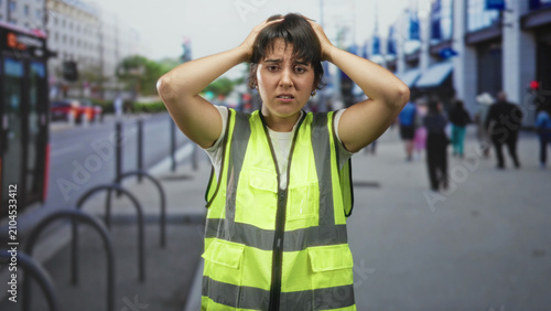 Foto Young woman in yellow reflective safety vest raises hands, palms up and clutches head amid pedestrians on a busy street; frustration stress