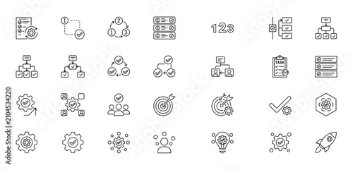 Collection of thin line icons representing business workflow project management task completion and strategic planning elements