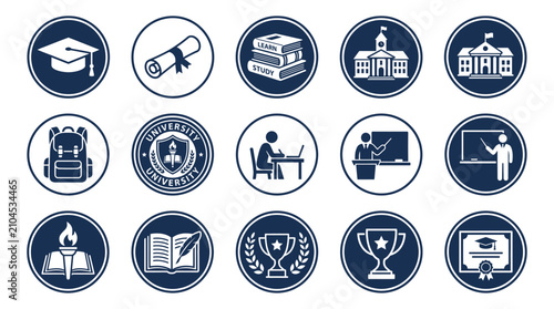 Academic university education icons set, navy blue school graduation symbols, 15 professional college degree vector elements for branding