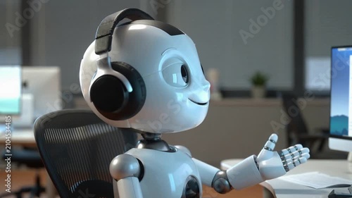 Friendly AI robot wearing headphones explaining a concept in a modern office. Cute 3D animated virtual assistant gesturing and talking to a colleague. Automated customer service