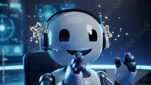 Cute 3D cartoon robot with headset celebrating success. AI virtual assistant clapping hands with glowing stars and sparkles. Futuristic customer service chatbot concept