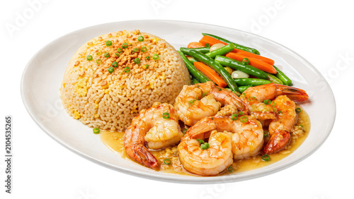 Garlic Shrimp with Fried Rice and Steamed Vegetables on White Plate