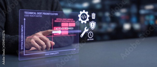 Technical debt prioritization concept with a person interacting with a digital holographic interface showing a code health matrix