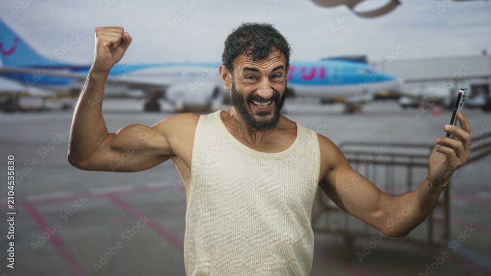 Naklejka premium Man wearing tanktop holds smartphone and raises fist, biceps flexed and mouth open at airport; excitement travel.