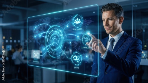 Businessman managing collaboration tools and task tracking via mobile smartphone technology.