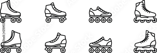 Bild auf Leinwand Roller skate and inline skate icons set black and white line art collection