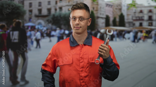 Foto Young mechanic man wearing red coverall and glasses holds large wrench in right hand while standing in busy street with blurred crowd and buildings; confidence