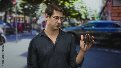 Фотография Man holding car keys in hand, frowning and inspecting key fob on a busy street; frustration uncertainty