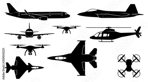 Aviation silhouette collection featuring airplanes, jets, and drones.